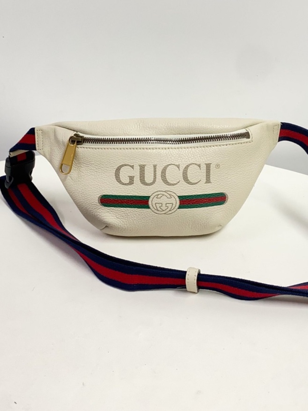 Gucci Cream Leather Belt Bag with Green-Red Web and Navy-Red Strap